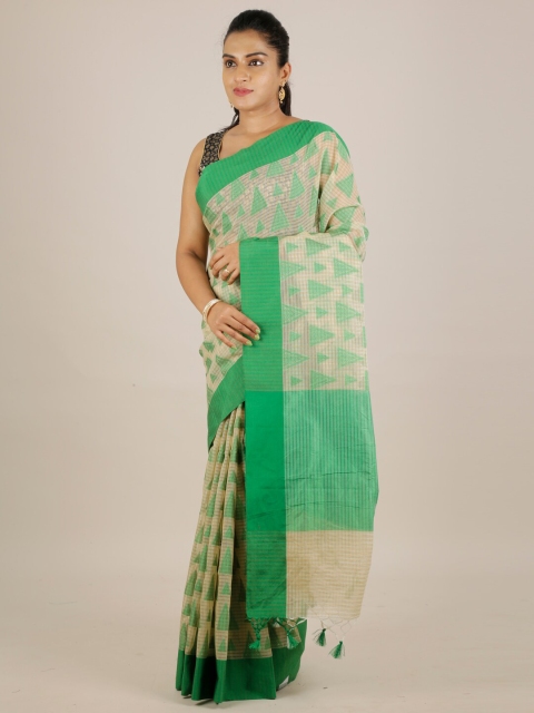 Pothys Green & Beige Cotton Blend Printed Saree