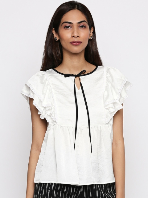 

People White Geometric Keyhole Neck Regular Top