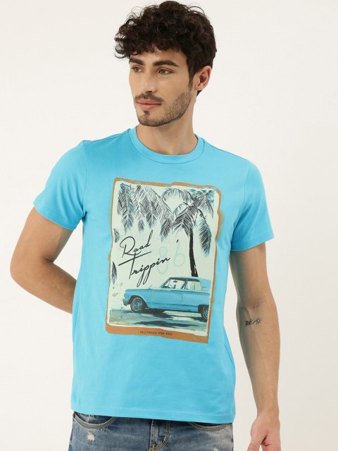 

QUANCIOUS Men Turquoise Blue Printed Round Neck Sustainable T-shirt