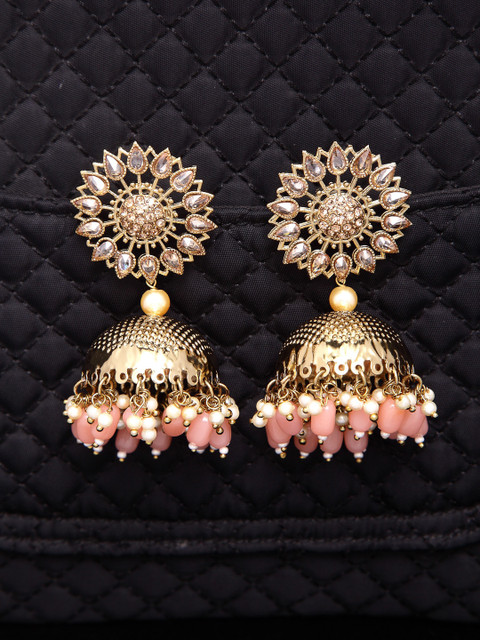 

Shining Diva Pink & Gold-Toned Dome Shaped Jhumkas