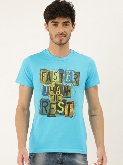 

QUANCIOUS Men Blue Printed Round Neck Sustainable Organic Cotton T-shirt