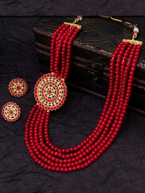 

Sukkhi Gold-Plated Maroon & White Pearl-Studded Layered Jewellery Set