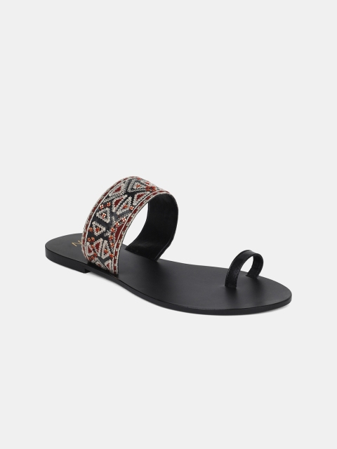 

W The Folksong Collection Women Black Embroidered PU One Toe Flats