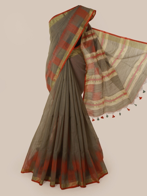 

Pothys Taupe & Rust Orange Cotton Blend Solid Saree