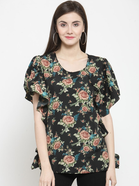 

Purple State Black & Brown Floral Print Kimono Sleeves Kaftan Top