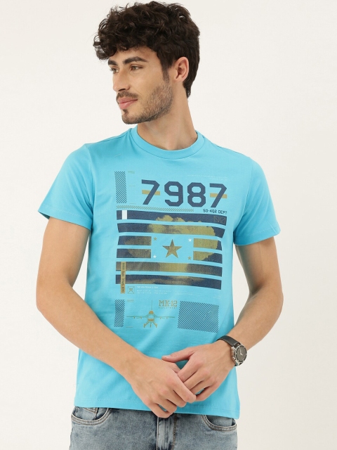 

QUANCIOUS Men Turquoise Blue Organic Cotton Printed V-Neck Sustainable T-shirt