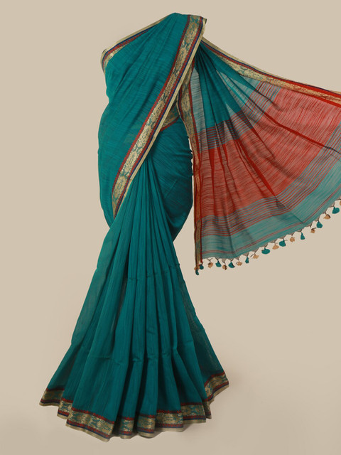 

Pothys Green Solid Cotton Blend Saree