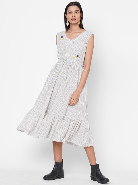 

ZOLA Women White Striped Cotton Fit and Flare Dress