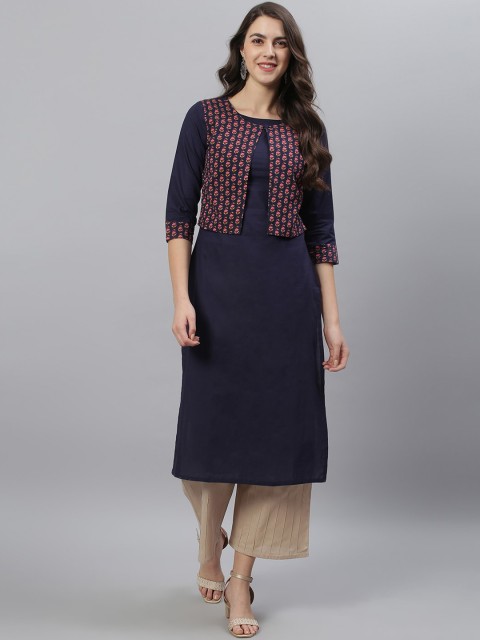 

Azira Women Navy Blue & Pink Ethnic Motifs Print Yoke Design Layered Pure Cotton Kurta