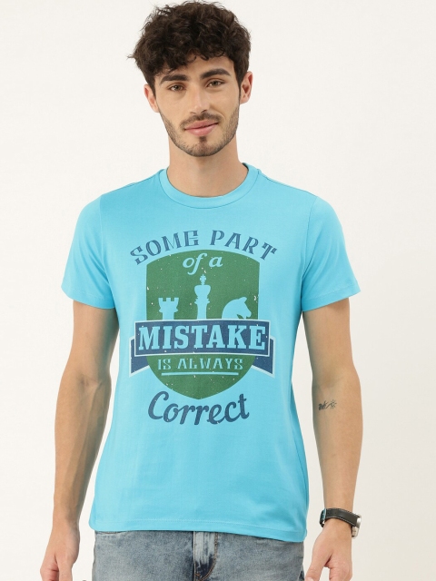 

QUANCIOUS Men Turquoise Blue Printed Round Neck Cotton T-shirt