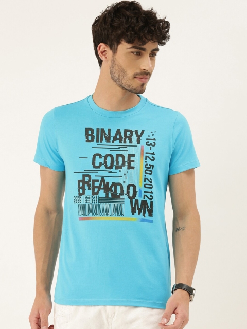 

QUANCIOUS Men Turquoise Blue Printed Round Neck T-shirt