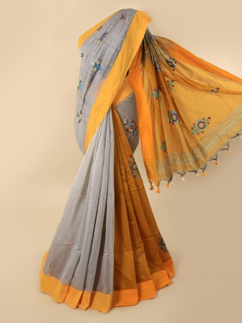 

Pothys Steel & Yellow Cotton Blend Colourblocked Saree