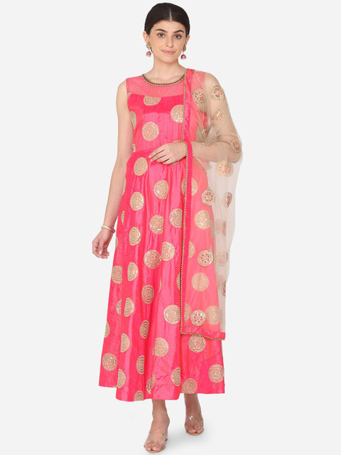 

BOMBAY SELECTIONS Women Pink Ethnic Motifs Embroidered Regular Kurta with Churidar & With Dupatta
