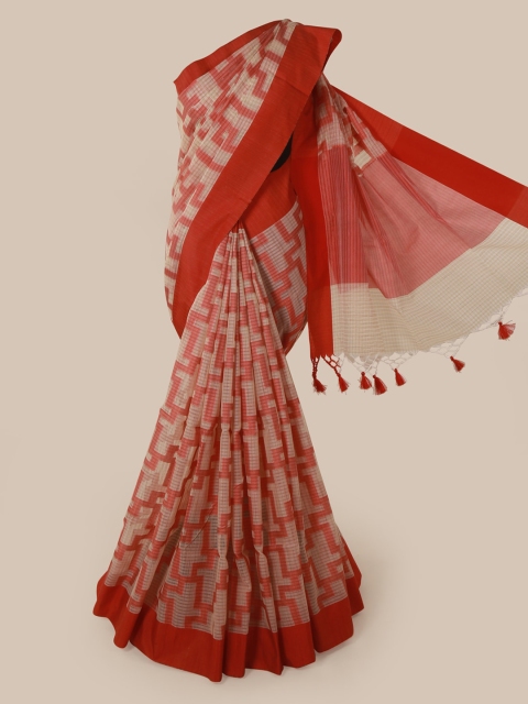 

Pothys Cream-Coloured & Red Supernet Printed Saree