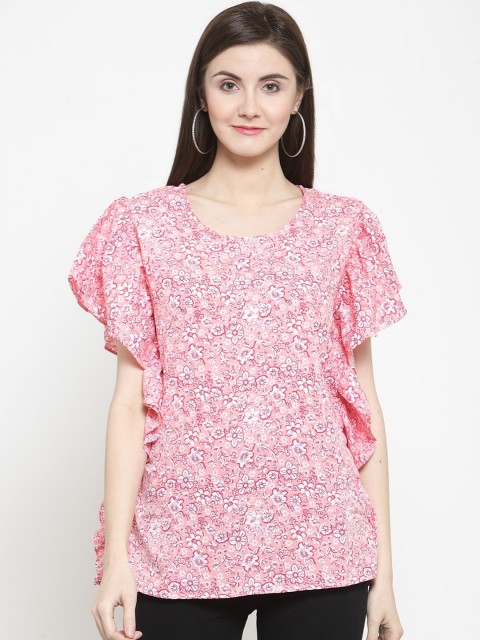 

Purple State Peach-Coloured & White Floral Print Flutter Sleeves Kaftan Top