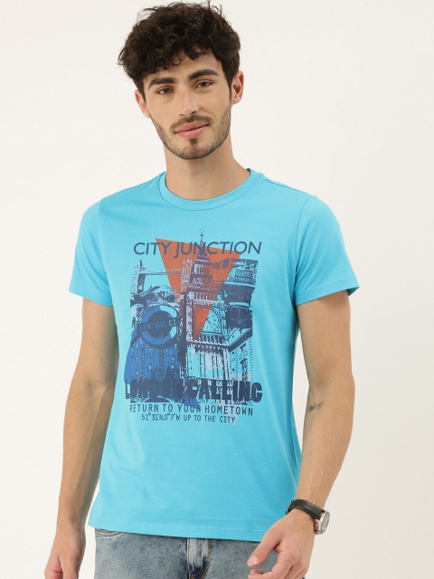 

QUANCIOUS Men Turquoise Blue Printed Round Neck Sustainable T-shirt