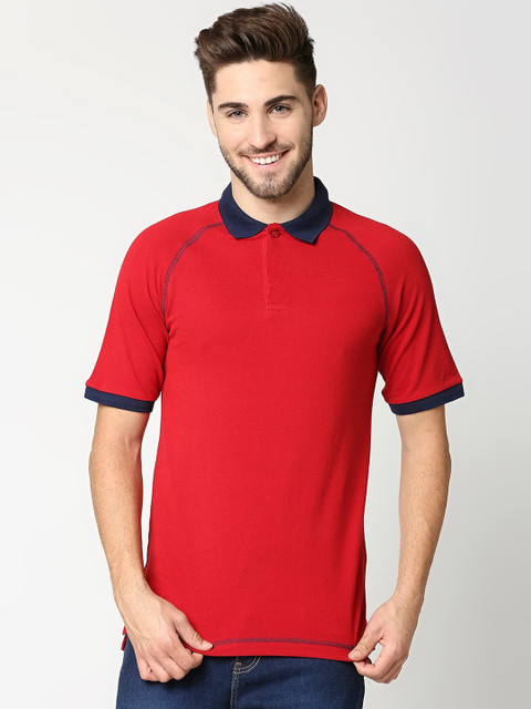 

Bewakoof Men Red Solid Polo Collar Cotton T-shirt