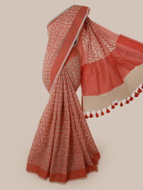 Pothys Cream-Coloured & Orange Supernet Woven Design Saree