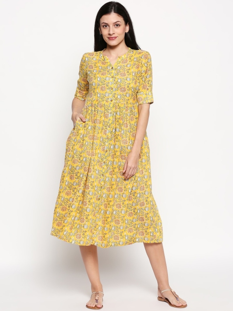 

People Women Mustard Yellow & White Printed Fit and Flare Dress