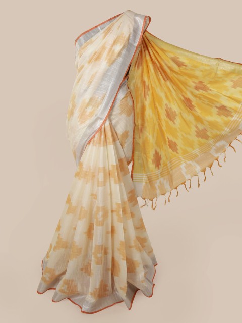 

Pothys Cream-Coloured & Yellow Linen Blend Printed Saree