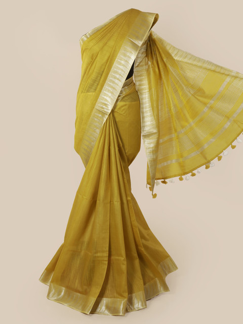 

Pothys Mustard & Silver-Toned Linen Blend Solid Saree