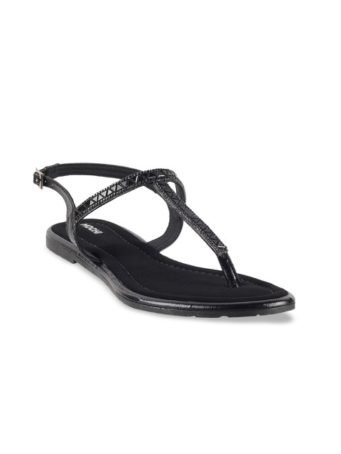 

Mochi Women Black Solid T-Strap Open Toe Flats