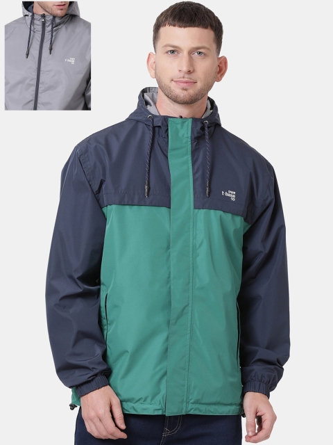 

t-base Men Green & Navy Blue Colourblocked Waterproof Reversible Rain Jacket