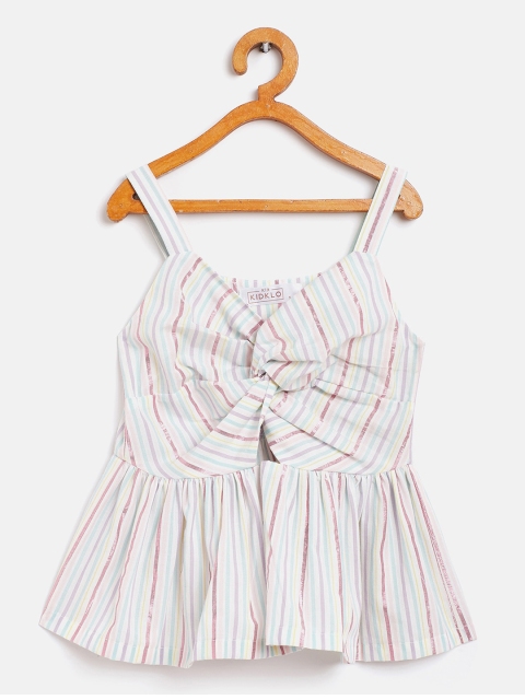 KIDKLO Girls White & Pink Striped Pure Cotton Peplum Top