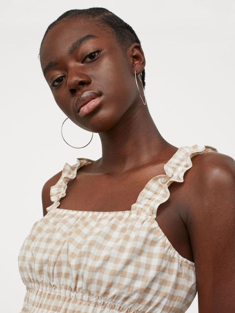 

H&M Women Beige & White Checked Short Top