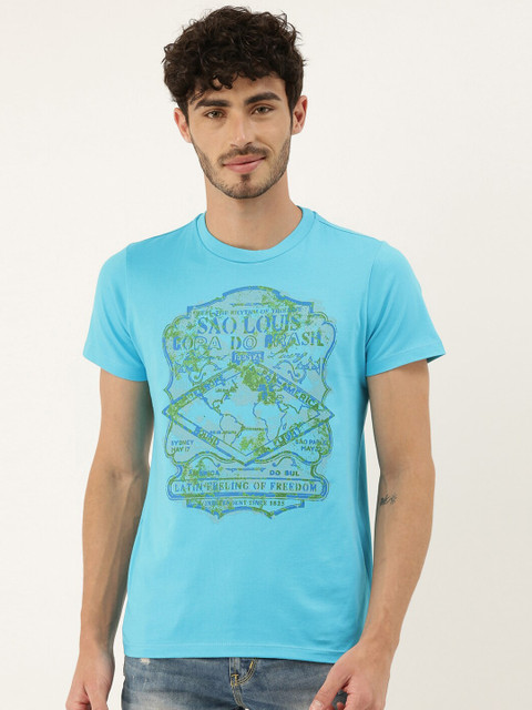 

QUANCIOUS Men Blue Printed Organic Cotton Round Neck T-shirt
