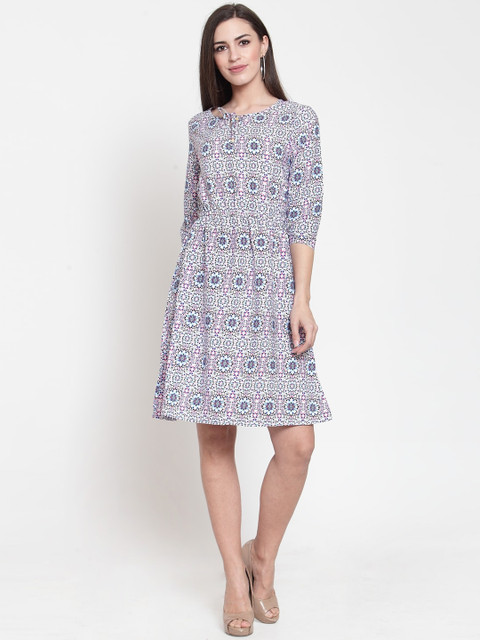 

Purple State Women White & Pink Printed A-Line Dress