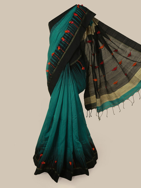 

Pothys Green & Black Cotton Blend Solid Saree
