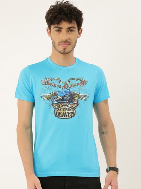 

QUANCIOUS Men Blue Printed Round Neck Sustainable Organic Cotton T-shirt