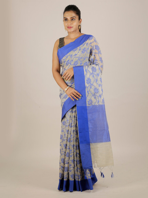 

Pothys Blue & Beige Manipuri Cotton Blend Printed Saree