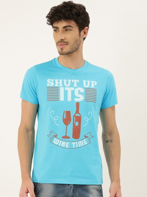 QUANCIOUS Men Blue & White Typography Print Organic Cotton Round Neck Sustainable T-shirt