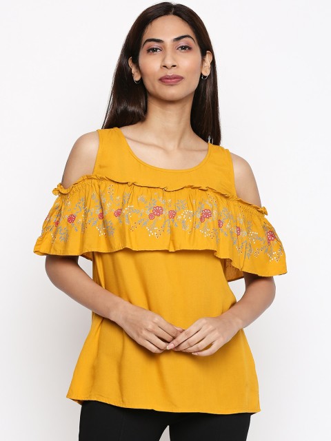

People Yellow Floral Embroidered Cold-Shoulder Sleeves Layered Regular Top