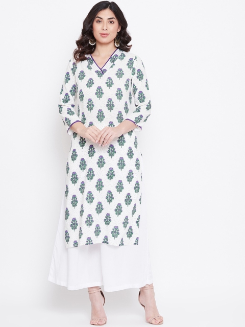

TULIP 21 Women White & Green Floral Printed Floral Handloom Kurta