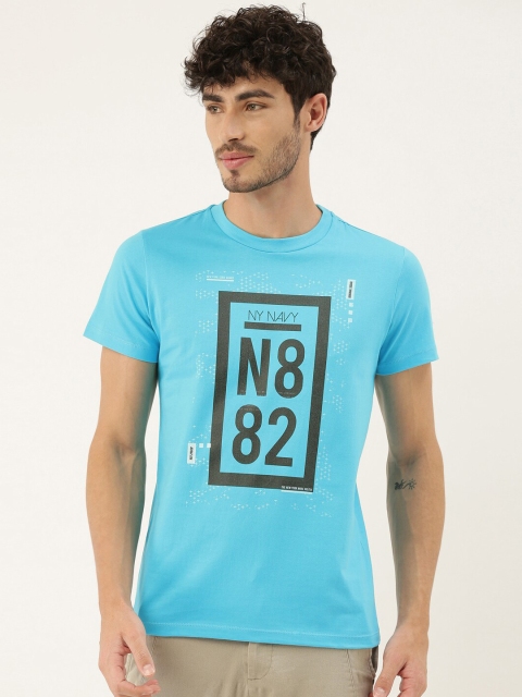 

QUANCIOUS Men Blue Printed Round Neck Sustainable Organic Cotton T-shirt