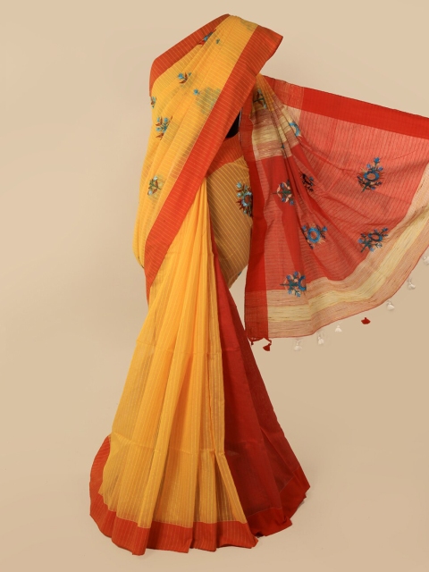 

Pothys Yellow & Red Cotton Blend Embroidered Saree