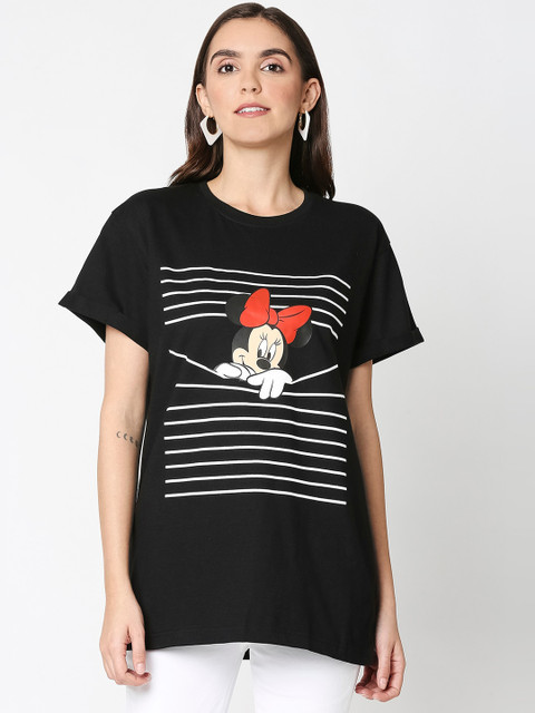 

Bewakoof Women Black Printed Minnie Round Neck Boyfriend Cotton T-shirt