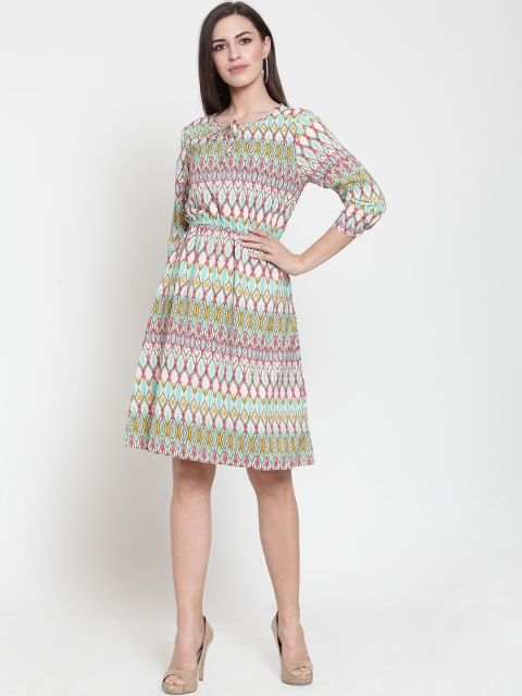 

Purple State Women White Printed Fit and Flare Dress