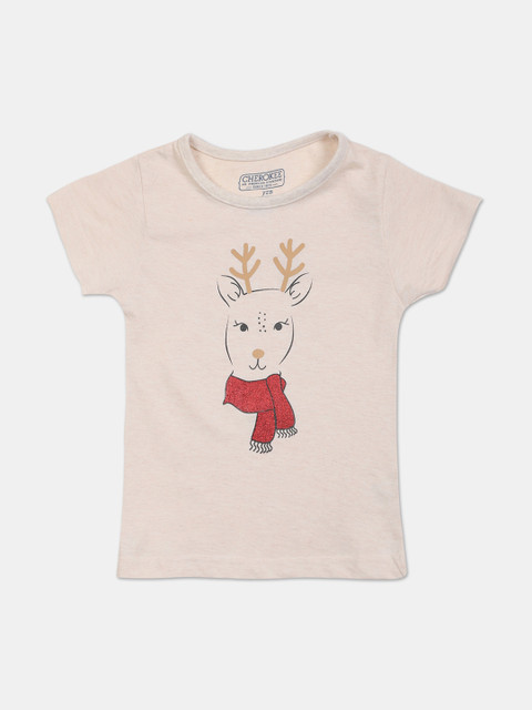 

Cherokee Girls Peach-Coloured & Red Printed Pure Cotton Round Neck T-shirt