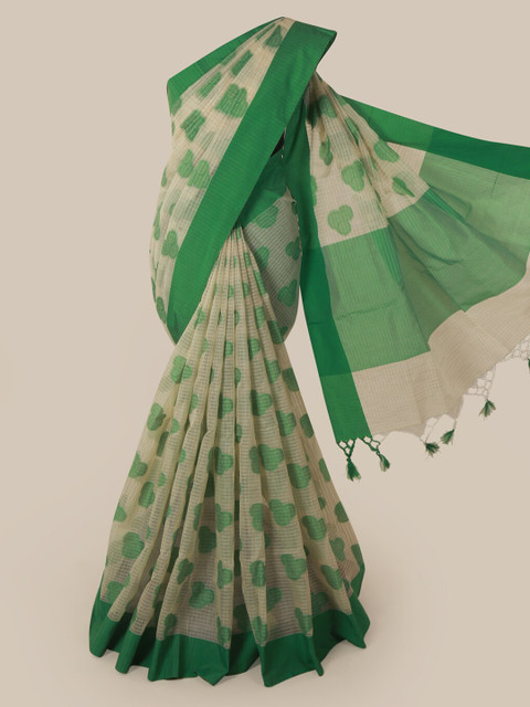 

Pothys Cream-Coloured & Green Supernet Woven Design Saree