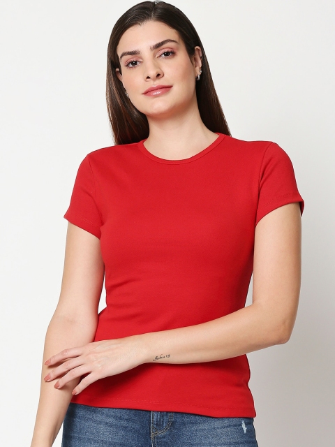 

Bewakoof Women Red Solid Round Neck T-shirt
