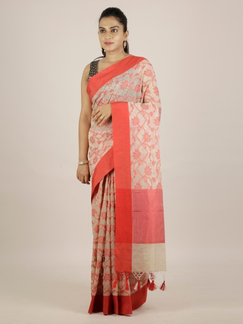 

Pothys Red & Beige Cotton Blend Printed Saree