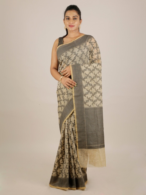 Pothys Grey & Beige Cotton Blend Printed Saree