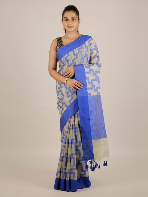 

Pothys Blue & Beige Cotton Blend Woven Design Saree