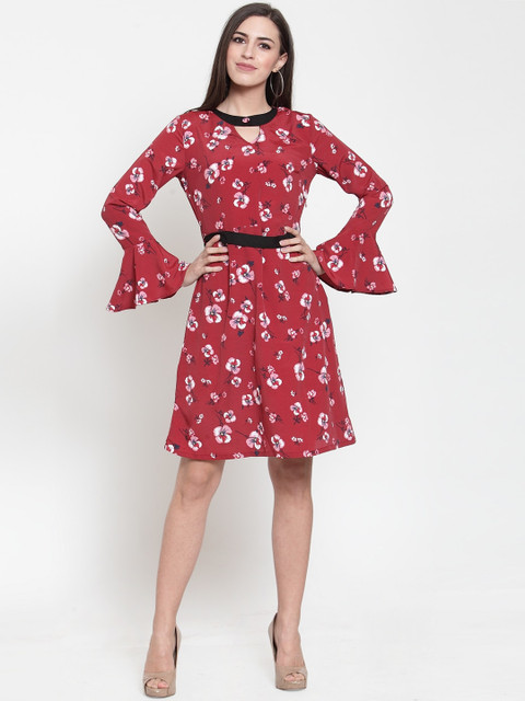 

Purple State Women Red & Off-White Printed A-Line Dress