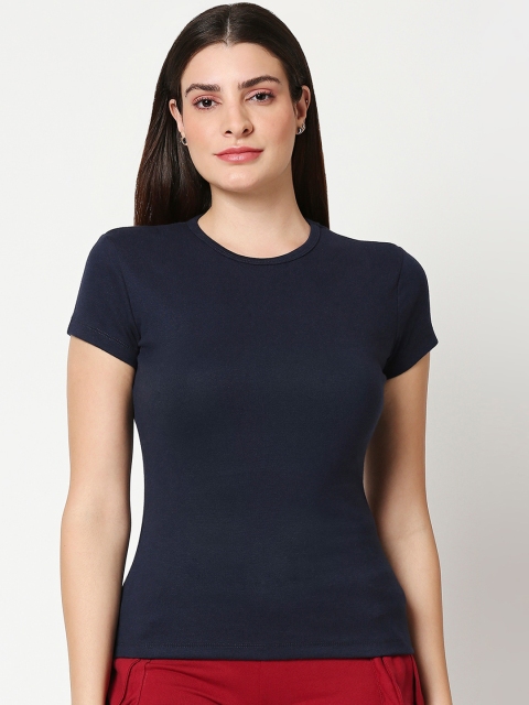 

Bewakoof Women Navy Blue Solid Round Neck Lounge T-shirt