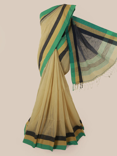 

Pothys Cream-Coloured & Green Cotton Blend Solid Saree